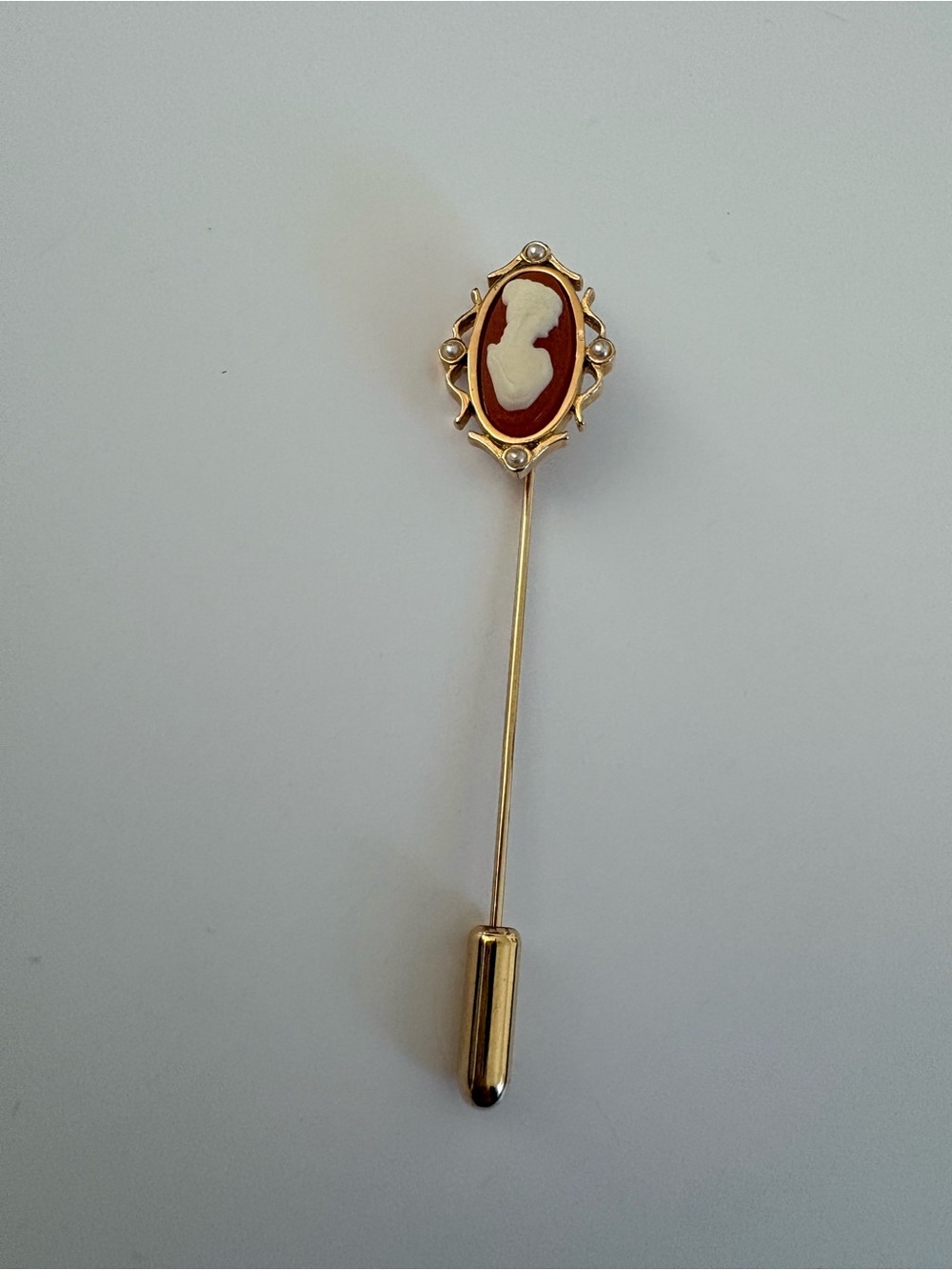 Vintage Cameo Stick Pin - Gold Tone with Red and White Cameo